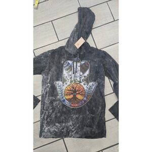 Kathmandu Imports Hamsa Tree of Life Acid Wash Hooded Long Sleeve Shirt Black L